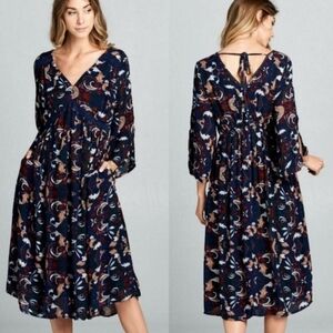 Velzera Boho Floral Midi Dress Medium V-Neck Split Bell Sleeve Flowy Summer Chic